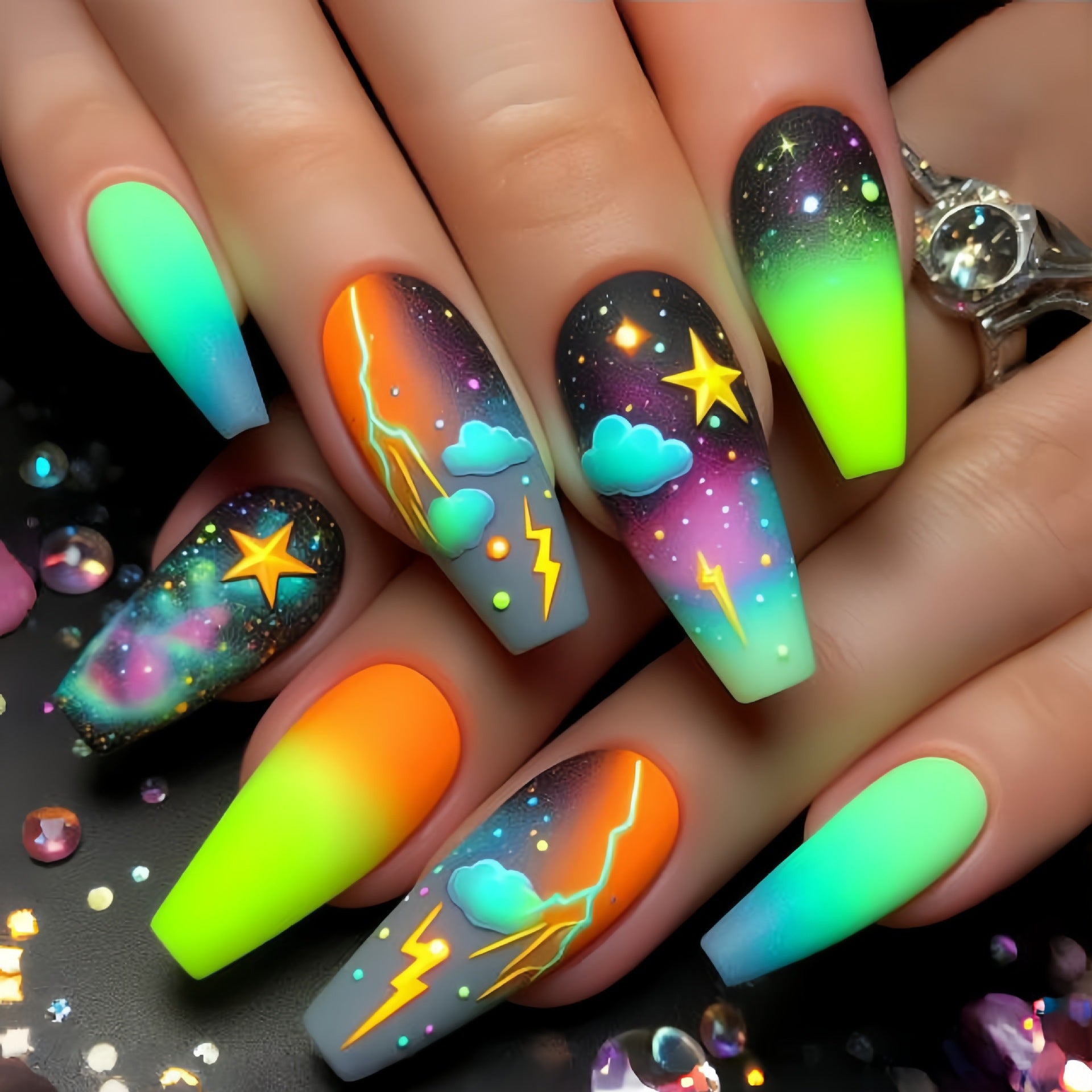 216PCS (9pcs)Vibrant Pressing Nail Set - Mixed Colors with Medium Almond Shapes of Flowers, Universe, and Geometric Patterns, Glossiness - Multiple Styles, Suitable for Fashionable Nail Art, Vibrant Nail Care Patterns, Nail A